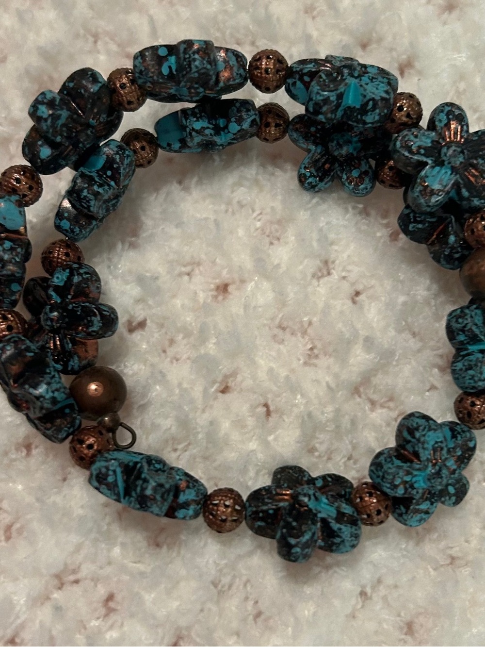 Turquoise Floral Bead Coil Bracelet with Copper Accents